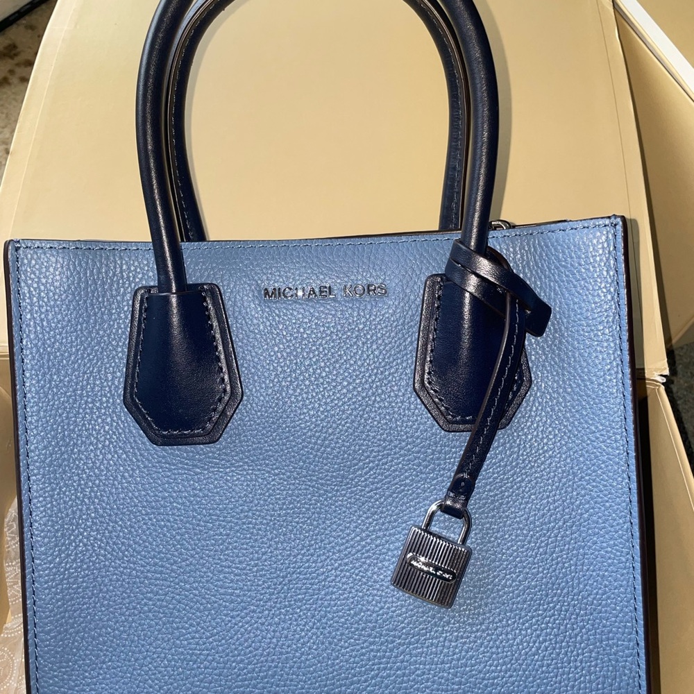 Blue Michael Kors Mercer Messenger Bag with Pebbled Leather and Padlock Charm